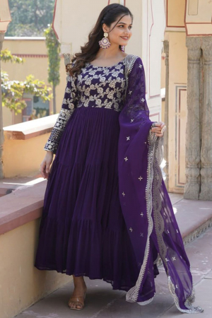 Purple Embroidered Faux Georgette Gown with Dupatta