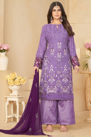 Purple Embroidered Faux Georgette Palazzo Kameez