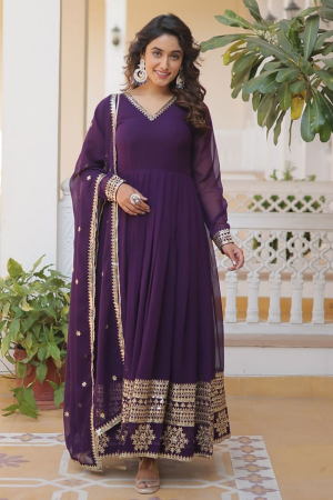 Purple Embroidered Gown with Dupatta