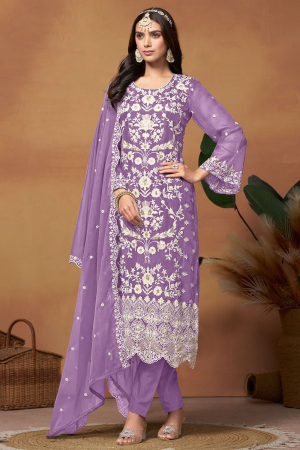 Purple Embroidered Organza Plus Size Suit