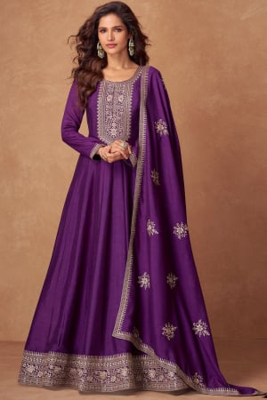 Purple Embroidered Silk Anarkali Gown with Dupatta