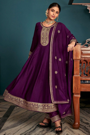 Purple Embroidered Silk Readymade Pant Kameez