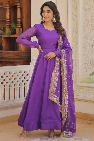 Purple Flared Silk Gown with Embroidered Dupatta