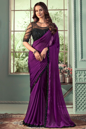 Purple Georgette Silk Saree with Embroidered Blouse