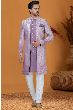 Purple Jacquard Silk Indo Western Outfit
