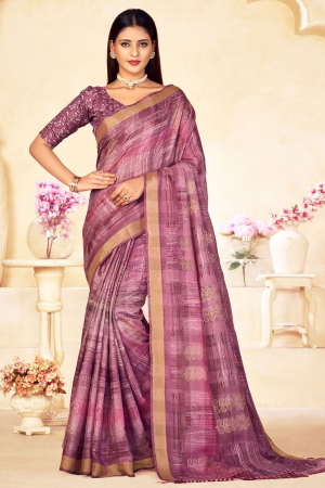 Purple Linen Silk Digital Printed Saree