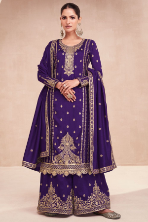 Purple Premium Silk Designer Palazzo Kameez Suit