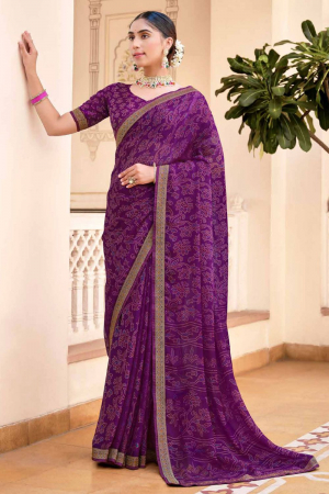 Purple Printed Chiffon Saree for Party