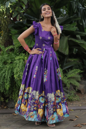 Purple Printed Dola Silk Gown