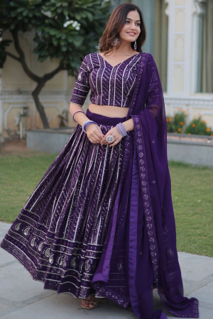 Purple Sequins Embroidered Faux Georgette Lehenga Choli