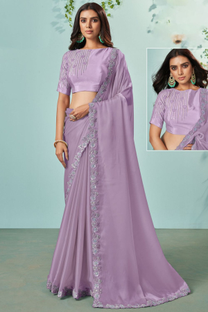 Purple Silk Crepe Designer Saree