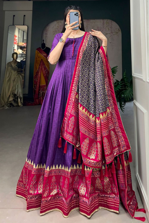 Purple Tussar Silk Foil Printed Anarkali Gown with Dupatta