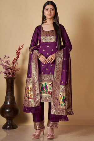 Purple Woven Banarasi Silk Trouser Kameez