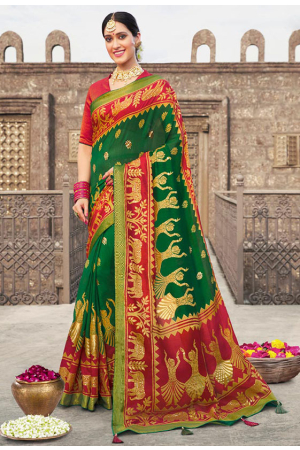 Forest Green Brasso Saree with Dupion Blouse