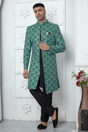 Rama Green and Black Jacquard Silk 3 Pc Indo Western Outfit