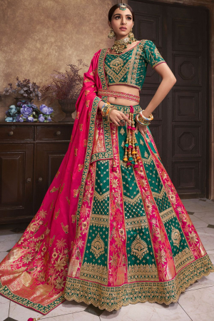 Rama Green and Rani Pink Embroidered Banarasi Silk Designer Bridal Lehenga Set