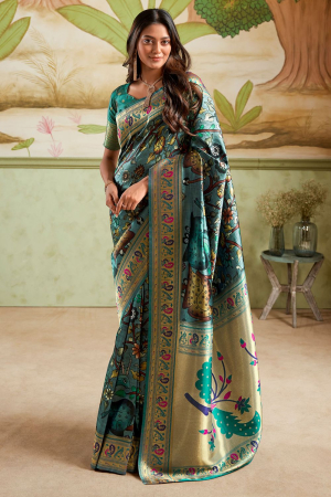Rama Green Banarasi Paithani Silk Printed Saree