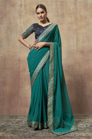Rama Green Chiffon Saree with Embroidered Blouse
