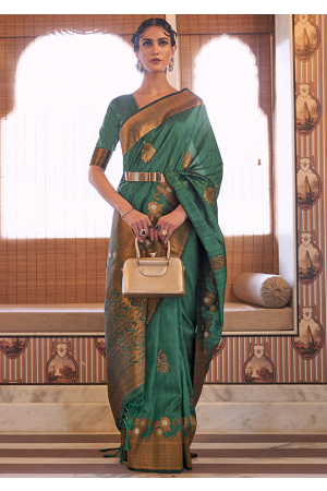 Rama Green Copper Zari Weaving Tussar Silk Saree
