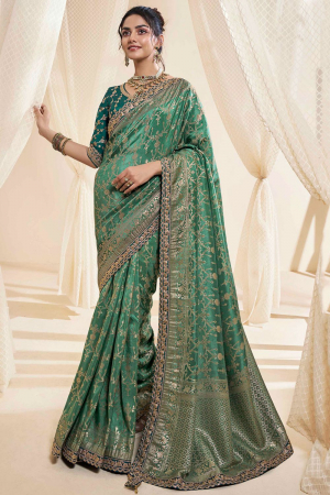 Rama Green Designer Silk Saree with Embroidered Blouse