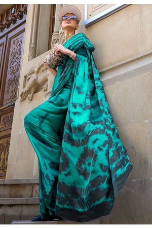 Rama Green Digital Print Satin Crepe Saree