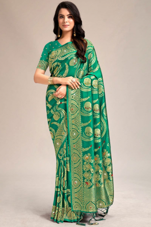 Rama Green Embellished Banarasi Silk Saree