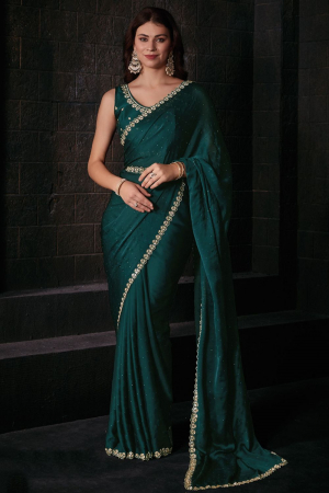 Rama Green Embellished Pure Satin Georgette Saree
