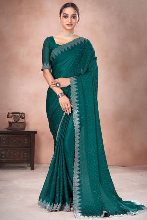 Rama Green Embellished Satin Chiffon Saree