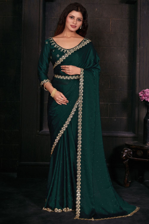 Rama Green Embellished Satin Georgette Saree