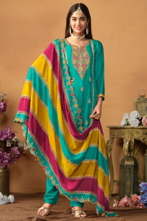 Rama Green Embroidered Chinnon Silk Plus Size Suit