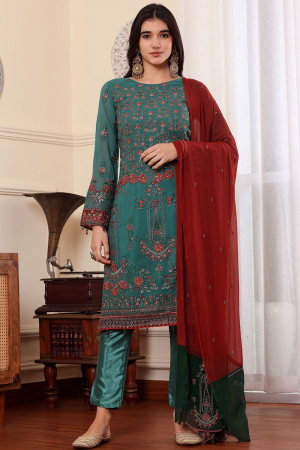 Rama Green Embroidered Georgette Pant Kameez