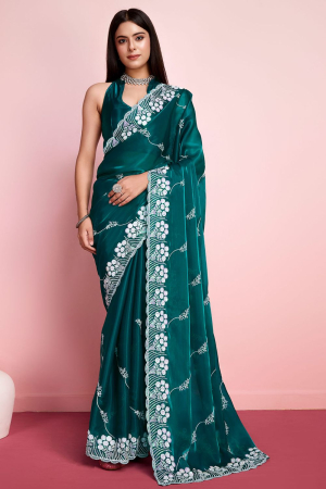 Rama Green Embroidered Party Wear Saree