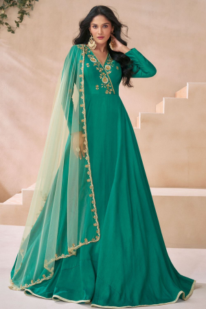 Rama Green Embroidered Silk Anarkali Gown with Dupatta