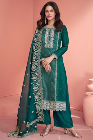 Rama Green Embroidered Silk Palazzo Kameez for Festival