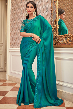 Rama Green Embroidered Silk Saree
