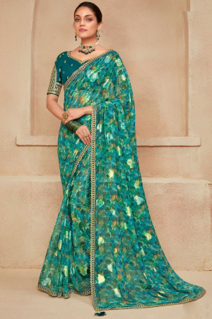 Rama Green Georgette Saree with Embroidered Blouse