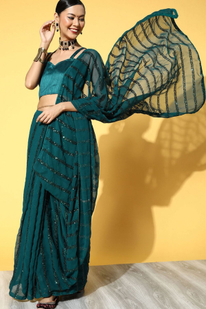 Rama Green Georgette Sequins Embroidery Work Party Wear Saree