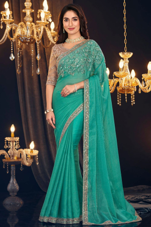 Rama Green Georgette Zari Shimmer Saree with Embroidered Blouse