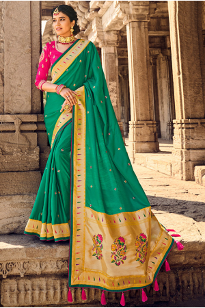 Rama Green Khatli Work Silk Designer Saree