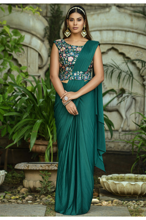 Rama Green Lycra Saree with Readymade Blouse