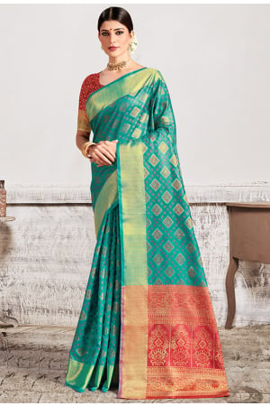 Rama Green Patola Silk Saree with Contrast Blouse