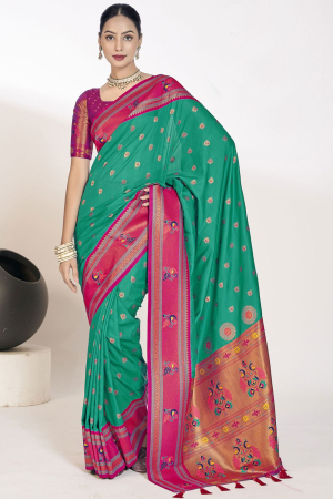 Rama Green Pure Paithani Silk Woven Saree
