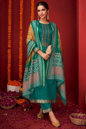 Rama Green Pure Viscose Satin Embroidered Suit