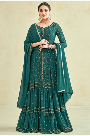 Rama Green Real Georgette Gown with Dupatta