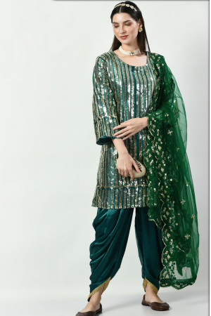 Rama Green Sequined Silk Patiala Kameez