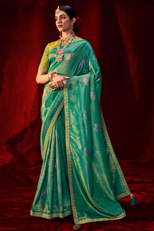 Rama Green Silk Saree with Embroidered Blouse