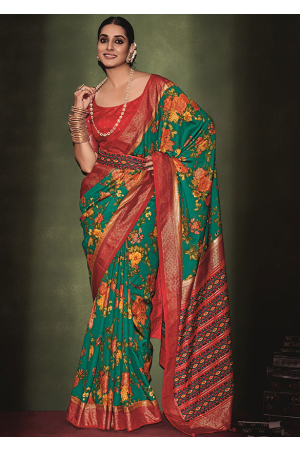 Rama Green Tussar Silk Printed Saree