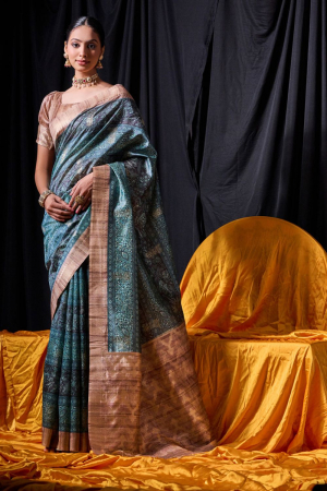 Rama Green Tussar Silk Zari Woven Saree