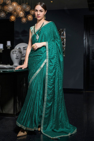 Rama Green Viscose Satin Saree with Embroidered Blouse