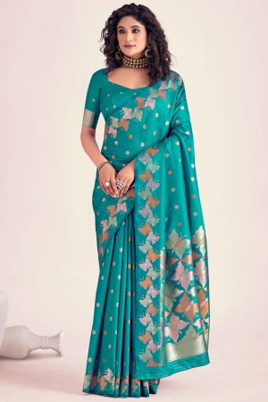 Rama Green Woven Banarasi Soft Silk Saree